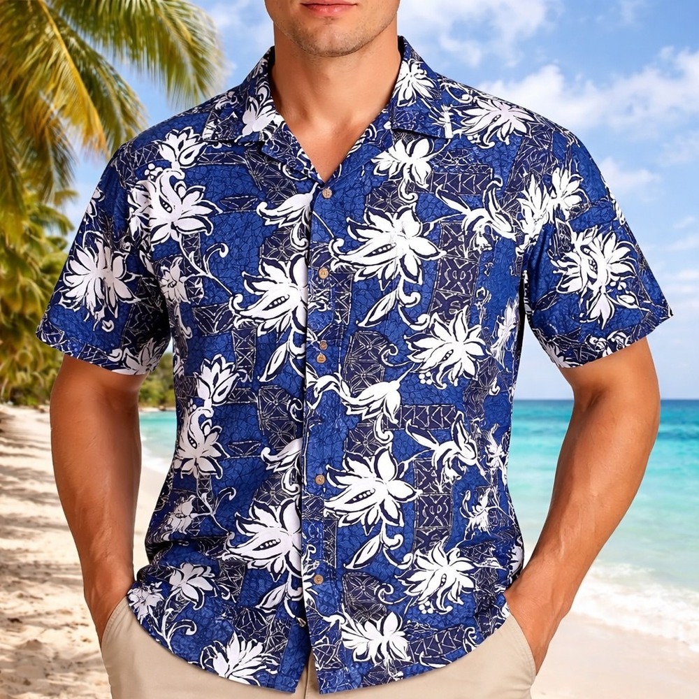 Hawaii Brand Hawaiian Aloha Shirt Medium Tribal Symbols Floral Dark Blue White